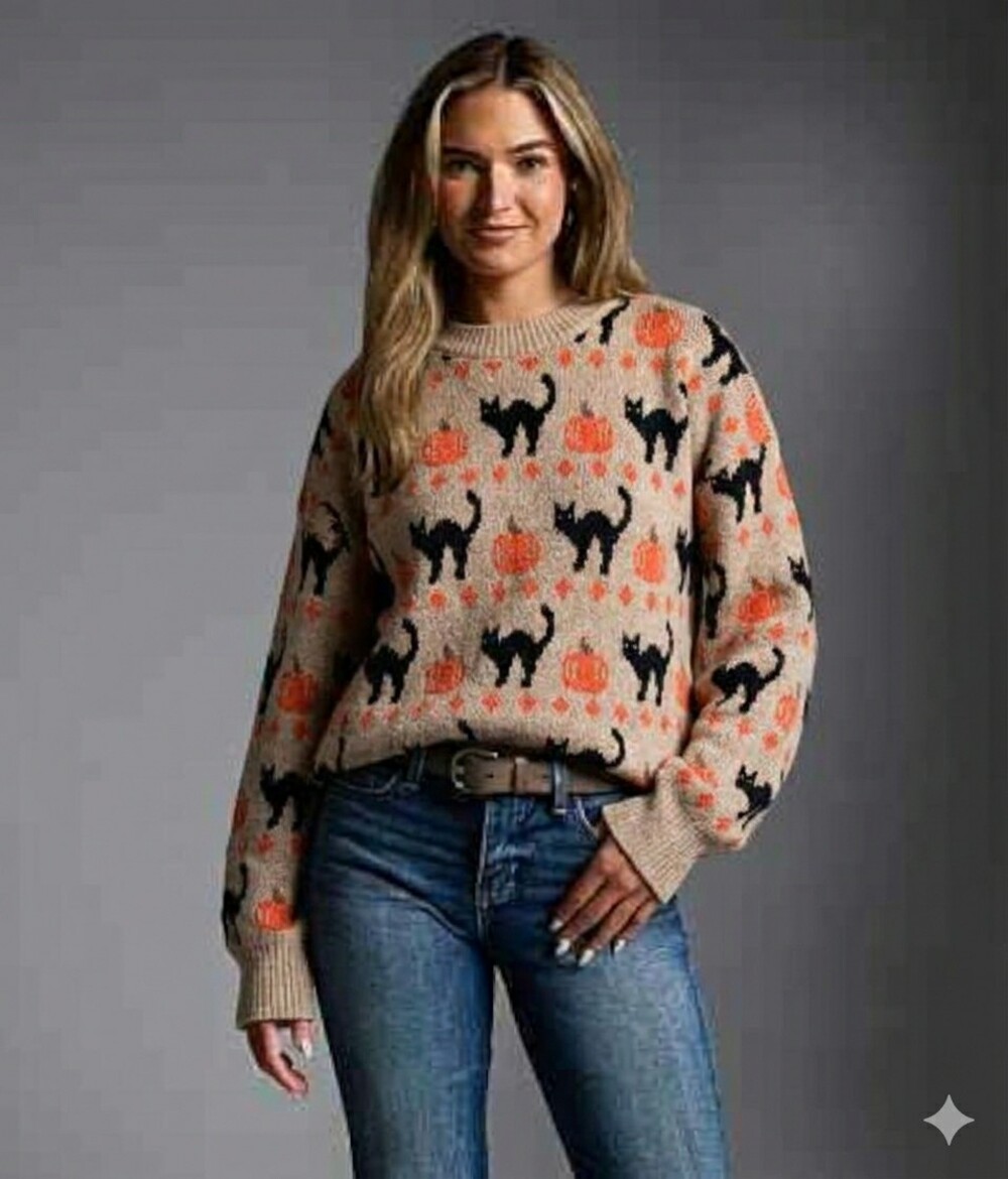 Vince Camuto Halloween Black Cat and Pumpkin Jacquard Knit Sweater & Pumpkin M